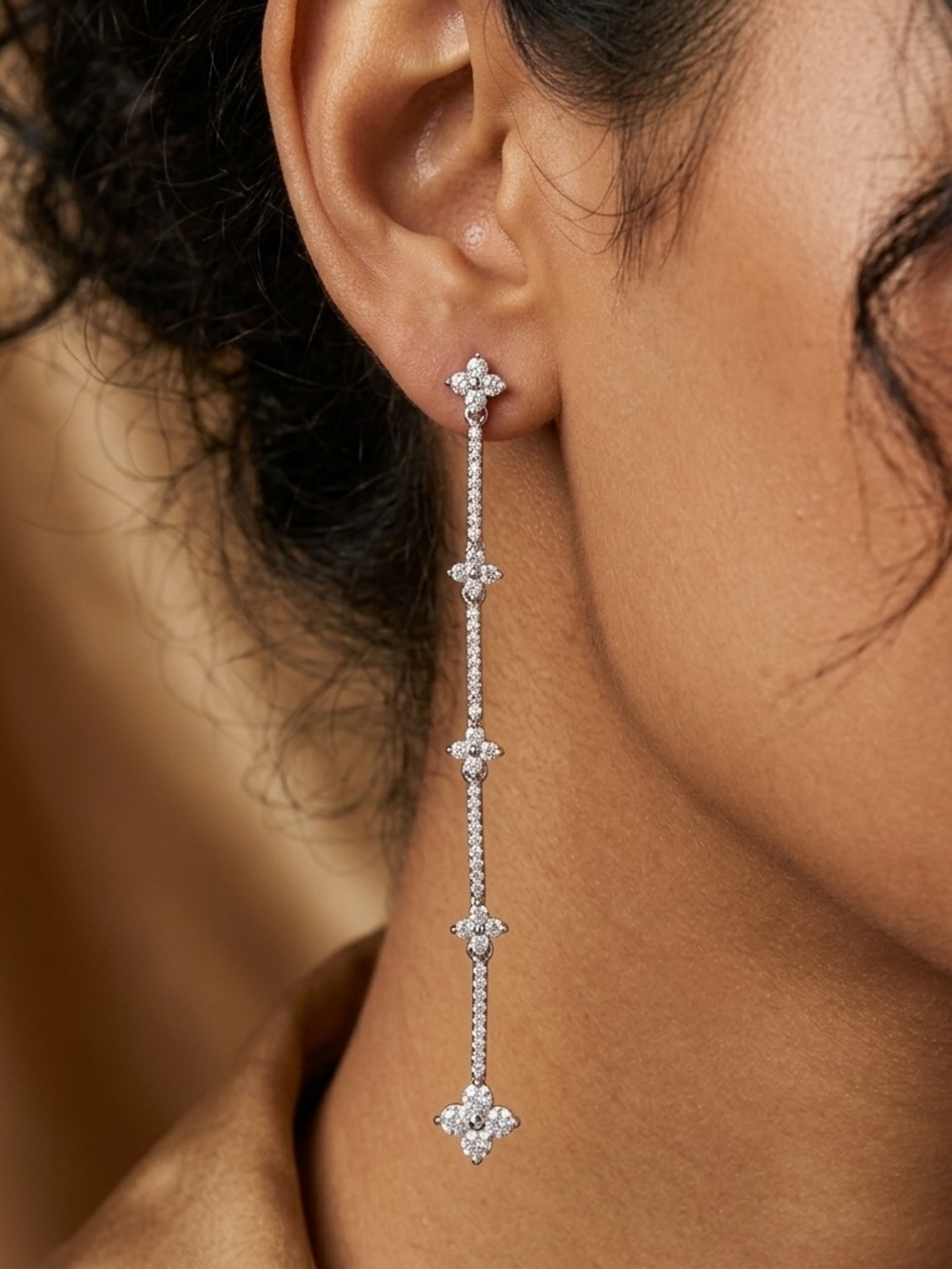 925 Sterling Silver Diamond CZ Clover Linear Drop Solo Earring 3" Single Replace